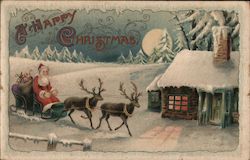 A Happy Christmas - Santa and Reindeer Pulling up to a House Santa Claus Postcard Postcard Postcard