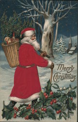 Merry Christmas - Santa Walking Through the Snow Santa Claus Postcard Postcard Postcard