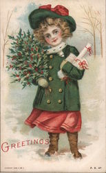 Little girl wearing a green coat and hat, and is holding holly branches. Children Postcard Postcard Postcard