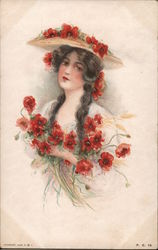 Woman Holding Red Poppies Women Postcard Postcard Postcard