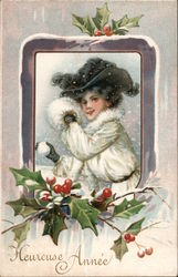 Girl in Green Hat, White Coat with Fur, Snowball Fight Postcard