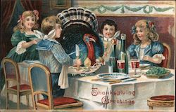 Thanksgiving Greetings - A Group of Children Sitting Around a Table with a Turkey Postcard