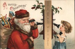 A Merry Christmas - Santa Talking to a Little Girl on the Phone Santa Claus Postcard Postcard Postcard