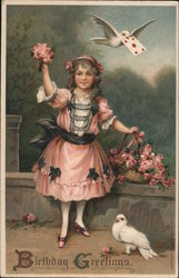 Girl In a Pink Dress With Flowers: Birthday Greetings Postcard Postcard Postcard