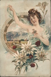 A Woman in Front of a Framed Picture Holding Flowers Postcard