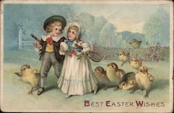 Best Easter Wishes - A Boy and Girl Followed by Chicks With Chicks Postcard Postcard Postcard