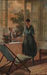 A Man Smiling at a Woman Through an Open Window Postcard