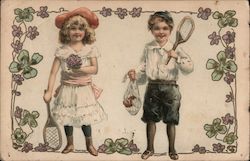 Boy and girl tennis players Postcard Postcard Postcard