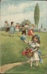 A Girl Holding a Basket of Flowers and Children Playing in The Background Postcard Postcard Postcard