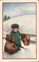 Happy New Year - An Angel with a Suitcase, Umbrella and Book Angels & Cherubs Postcard Postcard Postcard