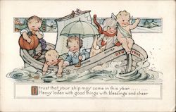 Five Young Boys in a Boat - New Year Children Postcard Postcard Postcard