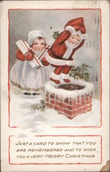 A Little Boy and Girl Going Down a Chimney Children Postcard Postcard Postcard