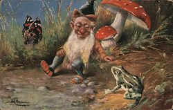 Gnome petting frog, Toadstools Fantasy Postcard Postcard Postcard