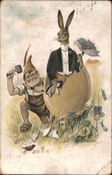 A Gnome Chiseling a Rabbit Out of an Egg Postcard