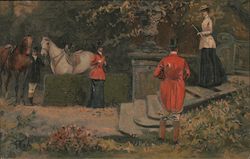 A Woman Walking Down Stairs to Two Horses Postcard