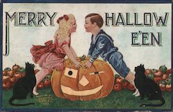 Merry Halloween - A Boy and a Girl Leaning on a Jack O Lantern Postcard