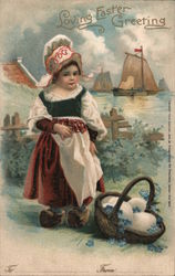 Loving Easter Greeting - A Girl with a Basket of Eggs Postcard