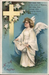 A Holy Easter - An Angel in Front of a Cross With Angels Postcard Postcard Postcard