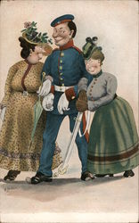 A Man in Uniform with Two Women Postcard