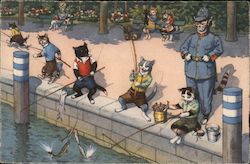 Young Cats in Clothing Fishing in front of a Police Cat Postcard