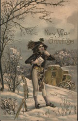 New Year Greetings - A Man Holding a Letter, Whistling Postcard