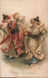 New Year - Two Women in Kimonos with Flowers Postcard