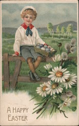 A Happy Easter - A Boy Sitting on A Fence Holding a Basket of Eggs Postcard