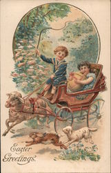 Easter Greetings - Two Children in a Carriage With Children Postcard Postcard Postcard