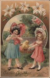 Easter Greetings - Two Girls and a Chick Postcard