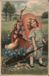 Easter Greetings - A Girl Pulling a Chicken in a Wheel Barrow With Children Postcard Postcard Postcard