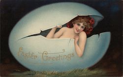 Easter Greetings - A Woman Inside a Large Egg Eggs Postcard Postcard Postcard