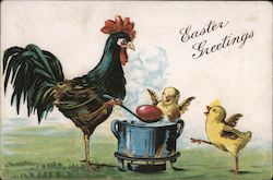 Easter Greetings - Rooster Cooking Eggs With Chicks Postcard Postcard Postcard