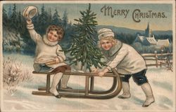 Merry Christmas - Two Children on a Sled Postcard