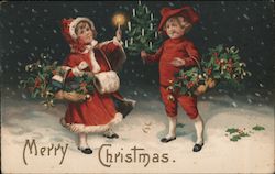 Merry Christmas - Two Children in the Snow Carrying Baskets Postcard