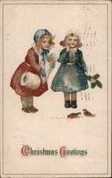 Christmas Greetings - Two Girls in Snow Children Postcard Postcard Postcard