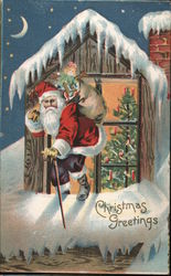 Christmas Greetings - Santa Climbing onto the Roof Postcard