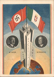 Peace Civility Work - Hitler & Mussolini , Anno XVI Postcard