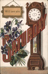 Will See You Saturday - Appointment Card - Lettering, Grandfather Clock and Violets Days of the Week Postcard Postcard Postcard