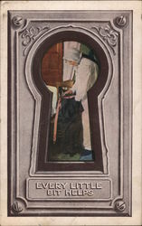 Woman mending clothing, seen through keyhole: "Every little bit helps" Women Postcard Postcard Postcard