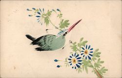 Artistic painting of bird, and flowers on a branch Postcard