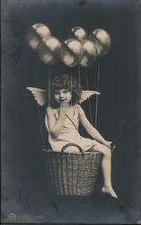 Cupid With Bow Sitting in Basket With Balloons Postcard