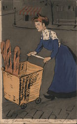 French Woman Pushing Basket of Bread Women Postcard Postcard Postcard