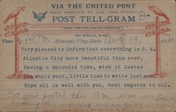 Atlantic City Post Tell-Gram Via The United Post Good Service to All the World Postcard