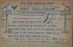 Via the United Post - Post Tell-Gram. Includes typed message and handwritten addition. Postcard