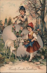 Boy On Egg Girl Flowers Lamb Hearty Easter Greetings Art Postcard