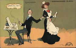 Comic postcard showing a man barely working during a working lunch touching an overworked female Postcard