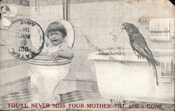 Boy falling in toilet with parrot watching Postcard