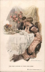 "The First Evening in Their Own Home". A couple snuggles at a dinner table with flowers on it. Postcard