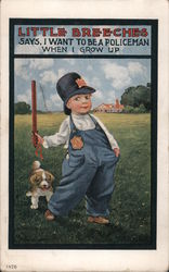 Young Boy Dressed In Overalls with Policeman's Hat, Badge, and Club with Small Dog in Grassy Field Wall Postcard Postcard Postcard