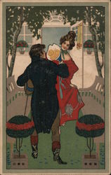 Man Giving Flowers To Woman In Red Dress Couples Postcard Postcard Postcard